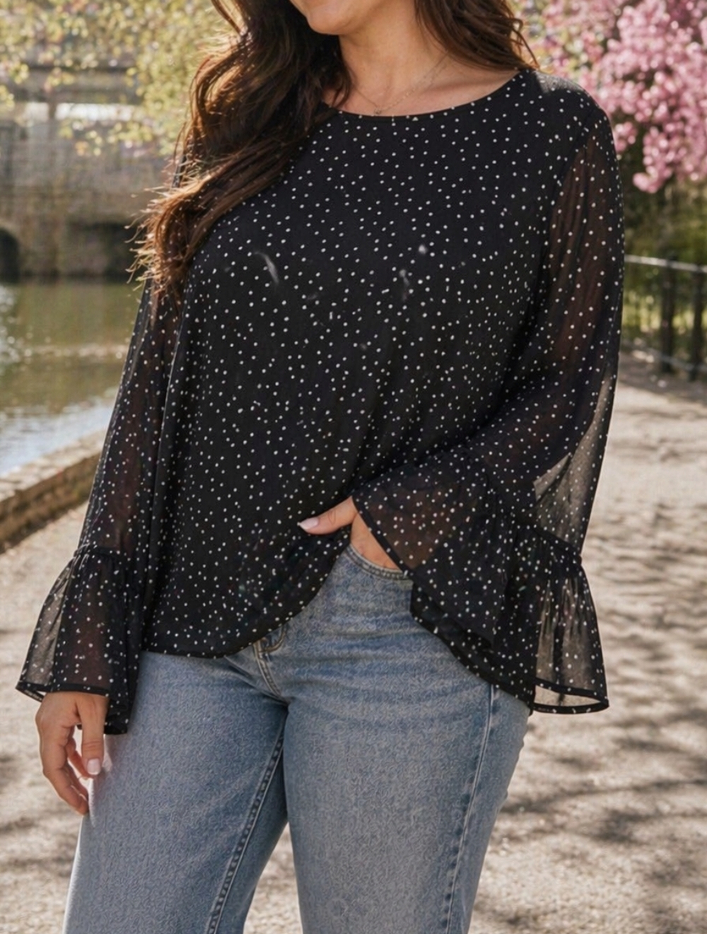 Denver Hayes Black & White Polka Dot Sheer Blouse | Ruffle Sleeve Lightweight
